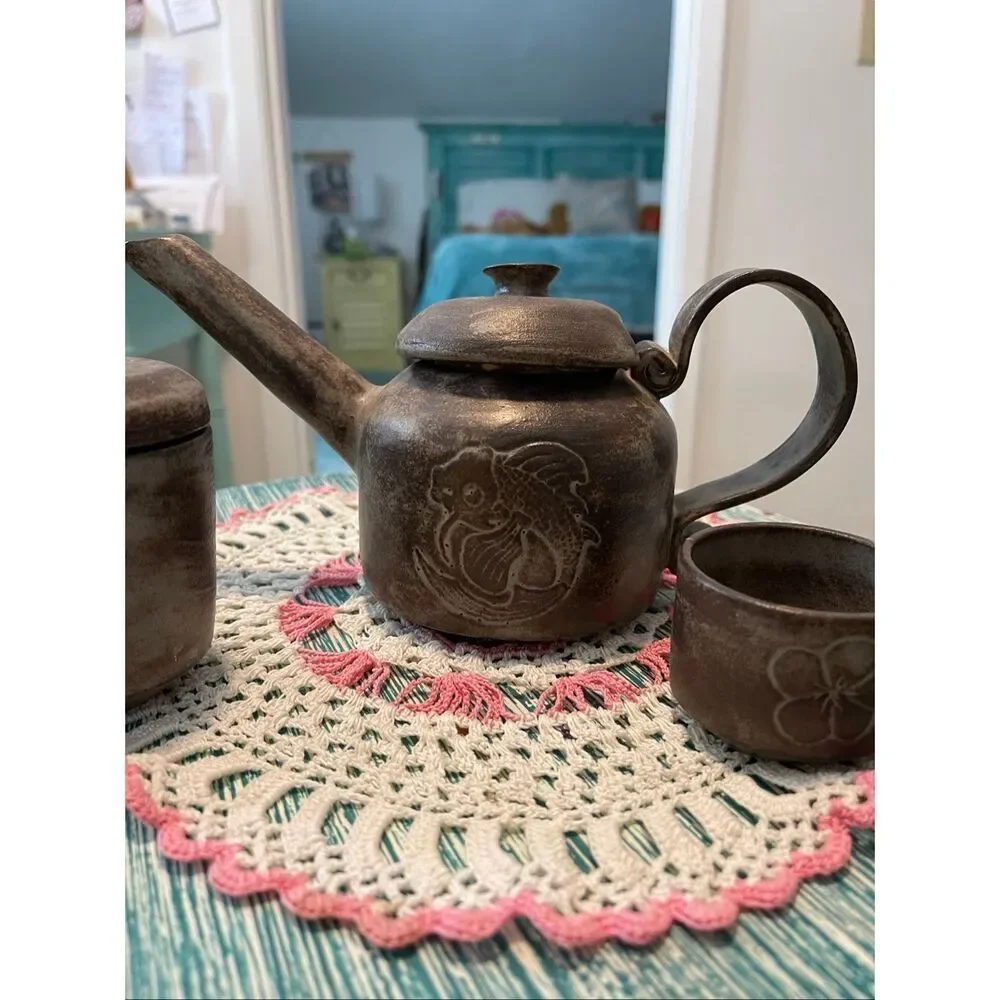 Yixing Zisha Wood Fired Clay Tea Pot w/Sugar Bowl and Cup